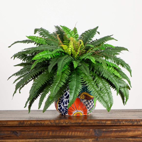 32 Artificial Double Boston Fern in Handmade Mexican Talavera Ceramic Planter - SKU #P2193 - 8