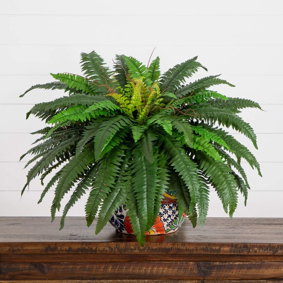 32 Artificial Double Boston Fern in Handmade Mexican Talavera Ceramic Planter - SKU #P2193 - 9