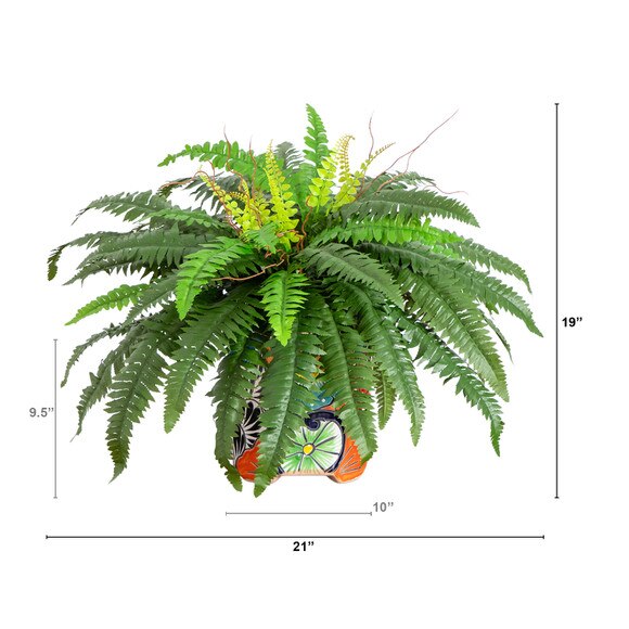 21 Artificial Boston Fern in Handmade Mexican Talavera Ceramic Planter - SKU #P2194 - 1