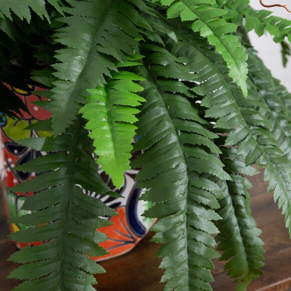 21 Artificial Boston Fern in Handmade Mexican Talavera Ceramic Planter - SKU #P2194 - 2