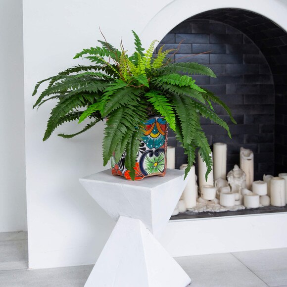 21 Artificial Boston Fern in Handmade Mexican Talavera Ceramic Planter - SKU #P2194 - 5