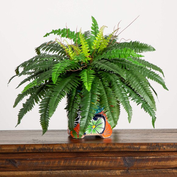 21 Artificial Boston Fern in Handmade Mexican Talavera Ceramic Planter - SKU #P2194 - 6