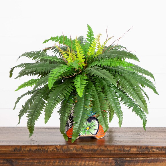 21 Artificial Boston Fern in Handmade Mexican Talavera Ceramic Planter - SKU #P2194 - 7
