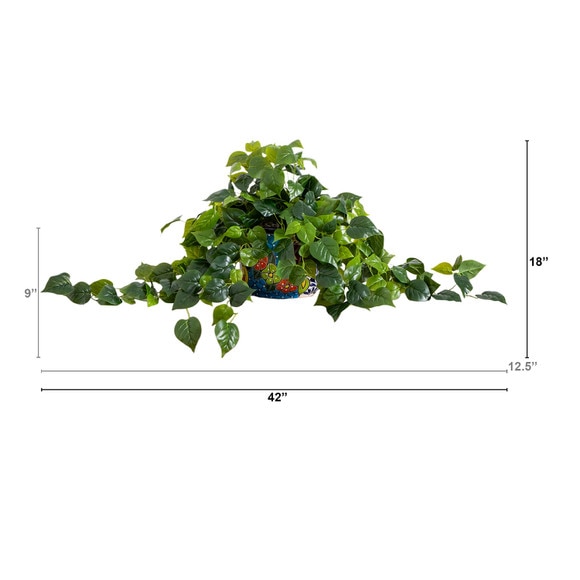 42 UV Resistant Artificial Philodendron in Handmade Mexican Talavera Ceramic Planter Indoor/Outdoor - SKU #P2195 - 1