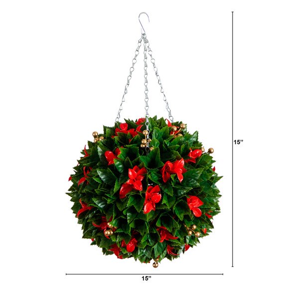 15-in UV Resistant Artificial Red Tip Photinia Christmas Hanging Ball with Gold Berries Indoor/Outdoor - SKU #P2206 - 1