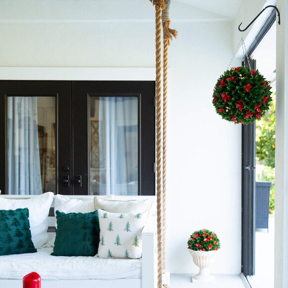 15-in UV Resistant Artificial Red Tip Photinia Christmas Hanging Ball with Gold Berries Indoor/Outdoor - SKU #P2206 - 4