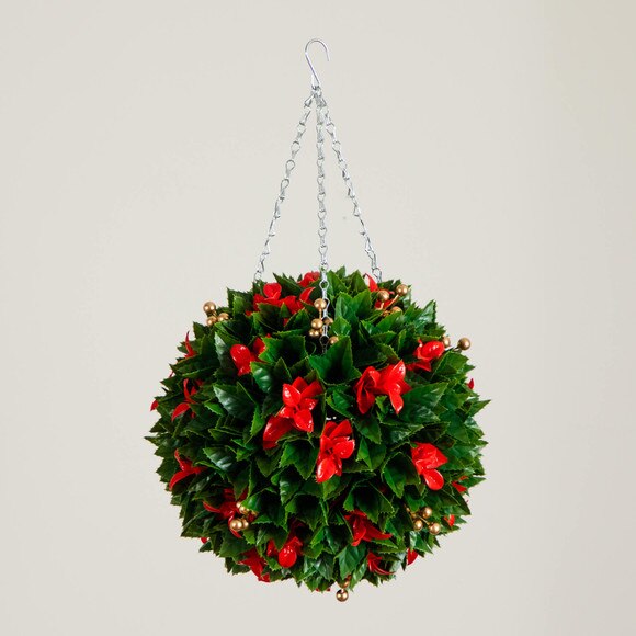 15-in UV Resistant Artificial Red Tip Photinia Christmas Hanging Ball with Gold Berries Indoor/Outdoor - SKU #P2206 - 6