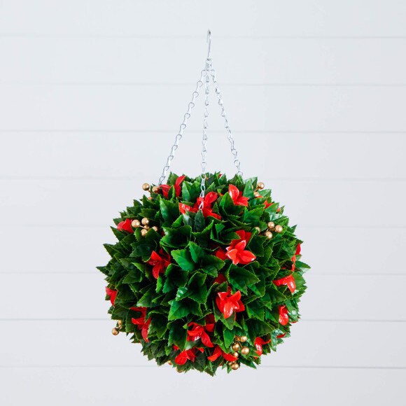 15-in UV Resistant Artificial Red Tip Photinia Christmas Hanging Ball with Gold Berries Indoor/Outdoor - SKU #P2206 - 7