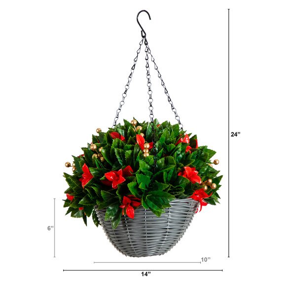 24-in Pre-Lit UV Resistant Artificial Red Tip Photinia Gold Berries Christmas Hanging Basket with 34 Warm White LED Lights Indoor/Outdoor - SKU #P2207 - 1