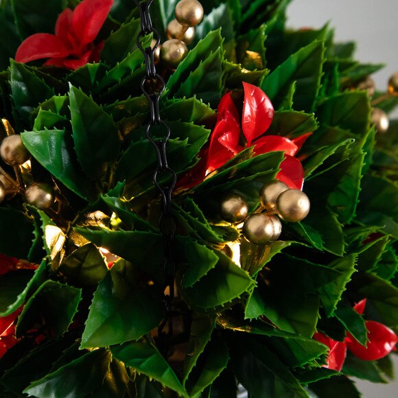 24-in Pre-Lit UV Resistant Artificial Red Tip Photinia Gold Berries Christmas Hanging Basket with 34 Warm White LED Lights Indoor/Outdoor - SKU #P2207 - 2