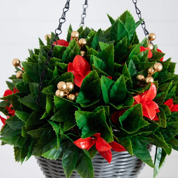 24-in Pre-Lit UV Resistant Artificial Red Tip Photinia Gold Berries Christmas Hanging Basket with 34 Warm White LED Lights Indoor/Outdoor - SKU #P2207 - 3