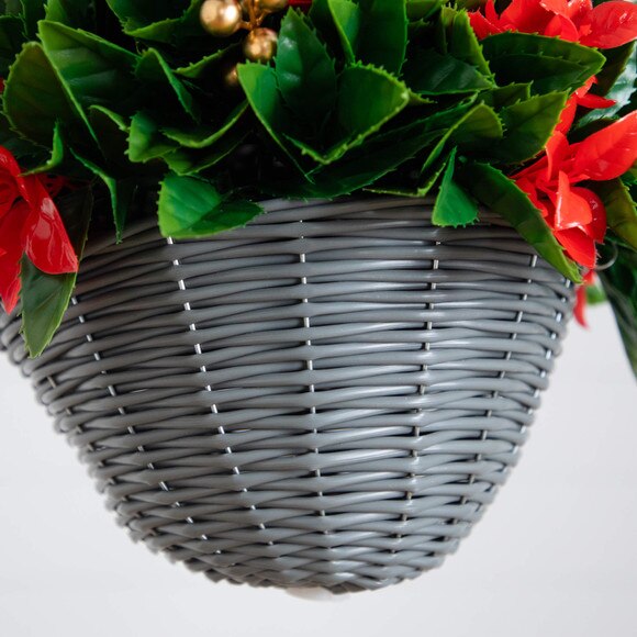 24-in Pre-Lit UV Resistant Artificial Red Tip Photinia Gold Berries Christmas Hanging Basket with 34 Warm White LED Lights Indoor/Outdoor - SKU #P2207 - 4