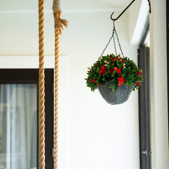 24-in Pre-Lit UV Resistant Artificial Red Tip Photinia Gold Berries Christmas Hanging Basket with 34 Warm White LED Lights Indoor/Outdoor - SKU #P2207 - 6