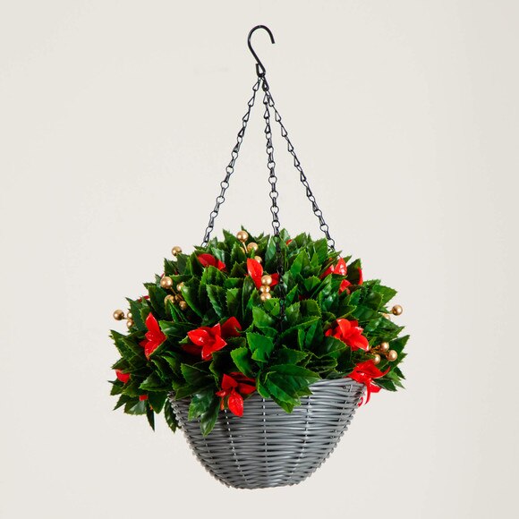 24-in Pre-Lit UV Resistant Artificial Red Tip Photinia Gold Berries Christmas Hanging Basket with 34 Warm White LED Lights Indoor/Outdoor - SKU #P2207 - 7