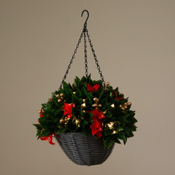 24-in Pre-Lit UV Resistant Artificial Red Tip Photinia Gold Berries Christmas Hanging Basket with 34 Warm White LED Lights Indoor/Outdoor - SKU #P2207 - 8