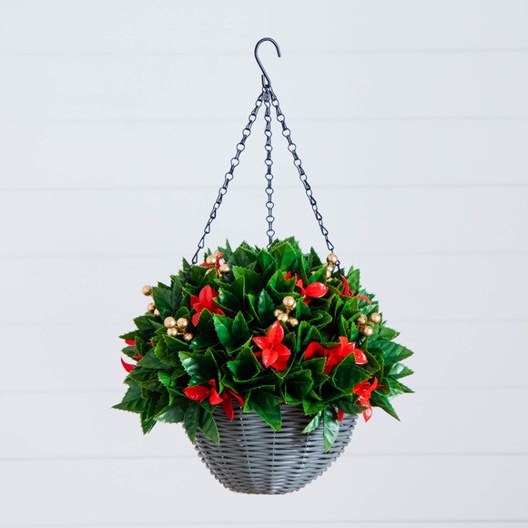 24-in Pre-Lit UV Resistant Artificial Red Tip Photinia Gold Berries Christmas Hanging Basket with 34 Warm White LED Lights Indoor/Outdoor - SKU #P2207 - 10