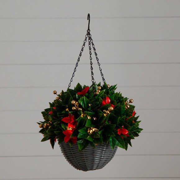 24-in Pre-Lit UV Resistant Artificial Red Tip Photinia Gold Berries Christmas Hanging Basket with 34 Warm White LED Lights Indoor/Outdoor - SKU #P2207 - 11