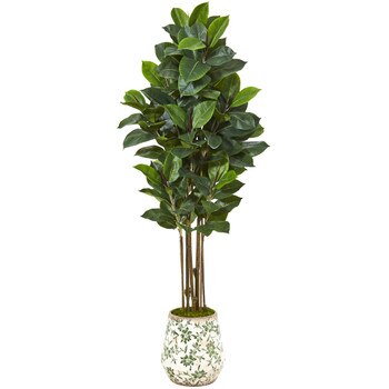 63 Rubber Leaf Artificial Tree in Floral Print Planter - SKU #T1029