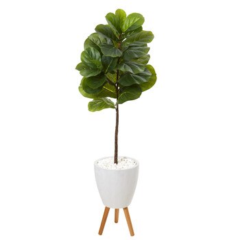 57 Fiddle Leaf Artificial Tree in White Planter with Stand Real Touch - SKU #T1154