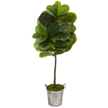 4 Fiddle Leaf Artificial Tree in Vintage Metal Pail Real Touch - SKU #T1159