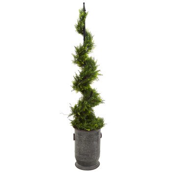 58 Cypress Artificial Spiral Topiary Tree in Vintage Metal Planter - SKU #T1199