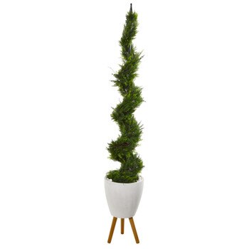 75 Cypress Artificial Spiral Tree in White Planter with Stand - SKU #T1211