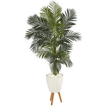6 Golden Cane Artificial Palm Tree in White Planter with Stand - SKU #T1315