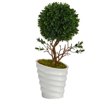 19 Boxwood Topiary Artificial Tree in White Vase UV Resistant Indoor/Outdoor - SKU #T1334