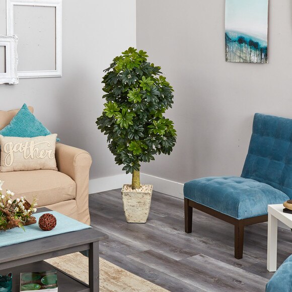 5 Schefflera Artificial Tree in Country White Planter Real Touch - SKU #T1381 - 3