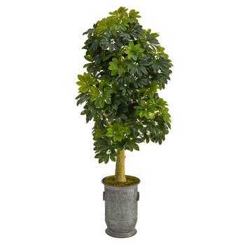 63 Schefflera Artificial Tree in Vintage Metal Planter Real Touch - SKU #T1384