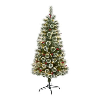 5 Frosted Swiss Pine Artificial Christmas Tree with 200 Clear LED Lights and Berries - SKU #T1627