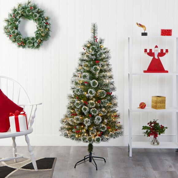 5 Frosted Swiss Pine Artificial Christmas Tree with 200 Clear LED Lights and Berries - SKU #T1627 - 4