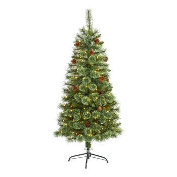 5 White Mountain Pine Artificial Christmas Tree with 200 Clear LED Lights and Pine Cones - SKU #T1640