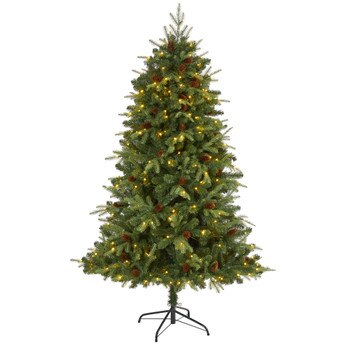 6 Wellington Spruce Natural Look Artificial Christmas Tree with 300 Clear LED Lights and Pine Cones - SKU #T1660
