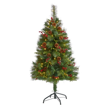 4 Mixed Pine Artificial Christmas Tree with 100 Clear LED Lights Pine Cones and Berries - SKU #T1668