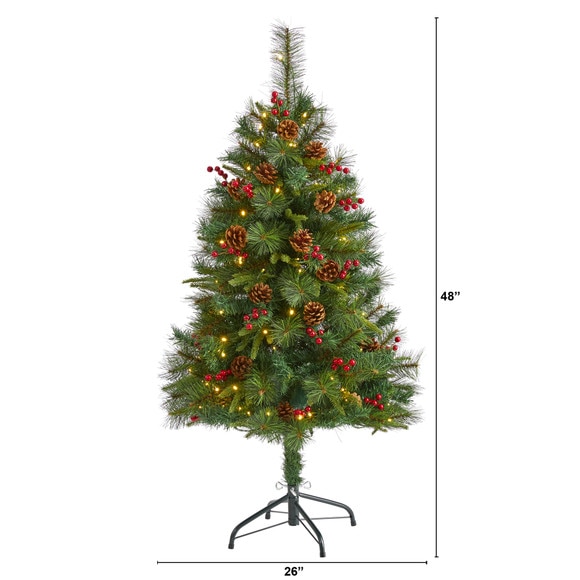4 Mixed Pine Artificial Christmas Tree with 100 Clear LED Lights Pine Cones and Berries - SKU #T1668 - 1