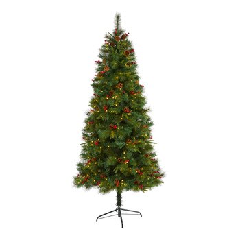 7 Mixed Pine Artificial Christmas Tree with 350 Clear LED Lights Pine Cones and Berries - SKU #T1671