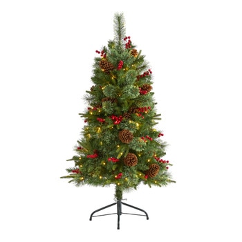 4 Norway Mixed Pine Artificial Christmas Tree with 150 Clear LED Lights Pine Cones and Berries - SKU #T1673