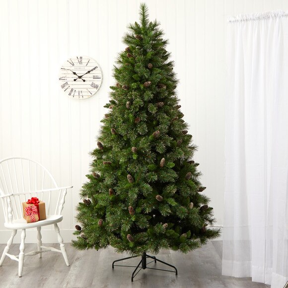 7.5 Golden Tip Washington Pine Artificial Christmas Tree with 600 Clear Lights Pine Cones and 1568 Bendable Branches - SKU #T1854 - 7
