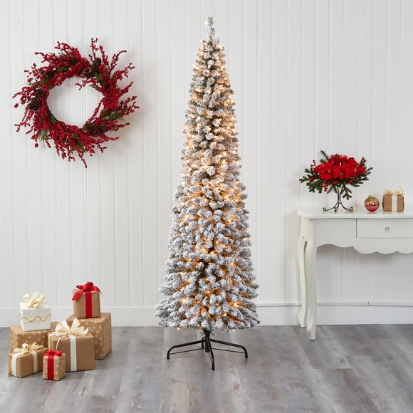 7 Flocked Pencil Artificial Christmas Tree with 400 Clear Lights and 574 Bendable Branches - SKU #T1907