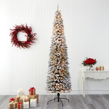 9 Flocked Pencil Artificial Christmas Tree with 600 Clear Lights and 896 Bendable Branches - SKU #T1909