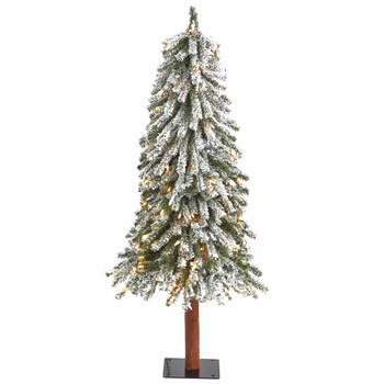 4 Flocked Grand Alpine Artificial Christmas Tree with 100 Lights and 361 Branches on Natural Trunk - SKU #T1951