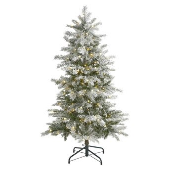 5 Slim Flocked Nova Scotia Spruce Artificial Christmas Tree with 150 Warm White LED Lights and 433 Bendable Branches - SKU #T1977