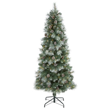 6 Frosted Tip British Columbia Mountain Pine Artificial Christmas Tree with 250 Clear Lights Pine Cones and 588 Bendable Branches - SKU #T1985