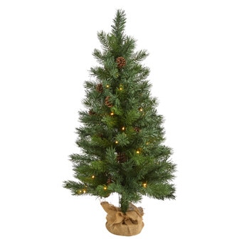 3 Fraser Fir Natural Look Artificial Christmas Tree with 50 Clear LED Lights Pinecones a Burlap Base and 90 Bendable Branches - SKU #T1993