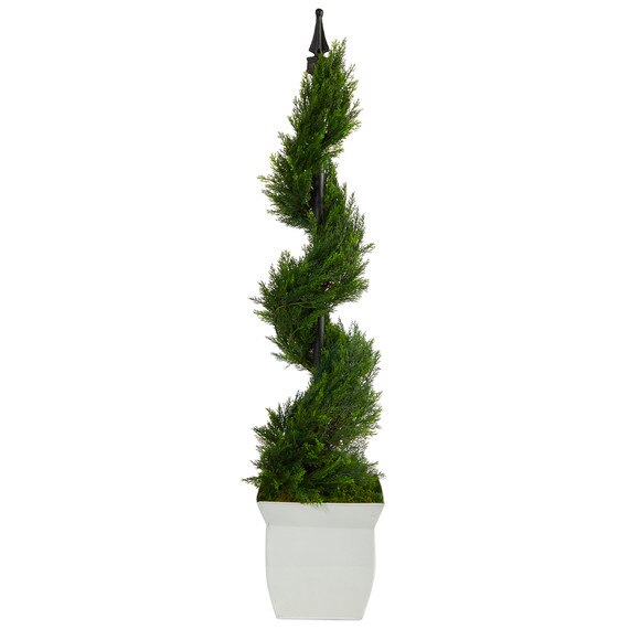 4 Cypress Spiral Topiary Artificial Tree in White Metal Planter - SKU #T2192