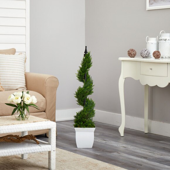 4 Cypress Spiral Topiary Artificial Tree in White Metal Planter - SKU #T2192 - 3