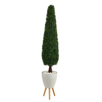 6 Boxwood Topiary Artificial Tree in White Planter with Stand UV Resistant Indoor/Outdoor - SKU #T2200