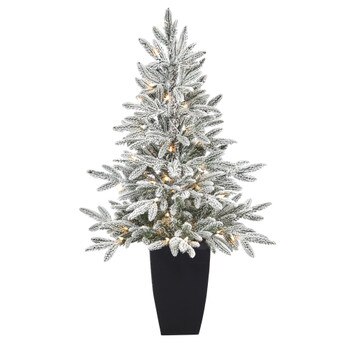 3.5 Flocked Manchester Spruce Artificial Christmas Tree with 50 Lights and 133 Bendable Branches in Metal Planter - SKU #T2251-BK