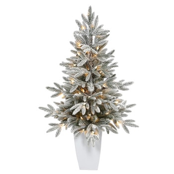 3.5 Flocked Manchester Spruce Artificial Christmas Tree with 50 Lights and 133 Bendable Branches in Metal Planter - SKU #T2251